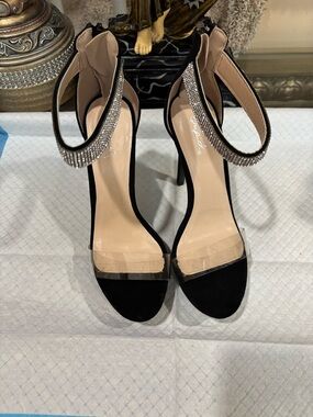 Qupid Black Stiletto Sandals with Rhinestone Ankle Strap
